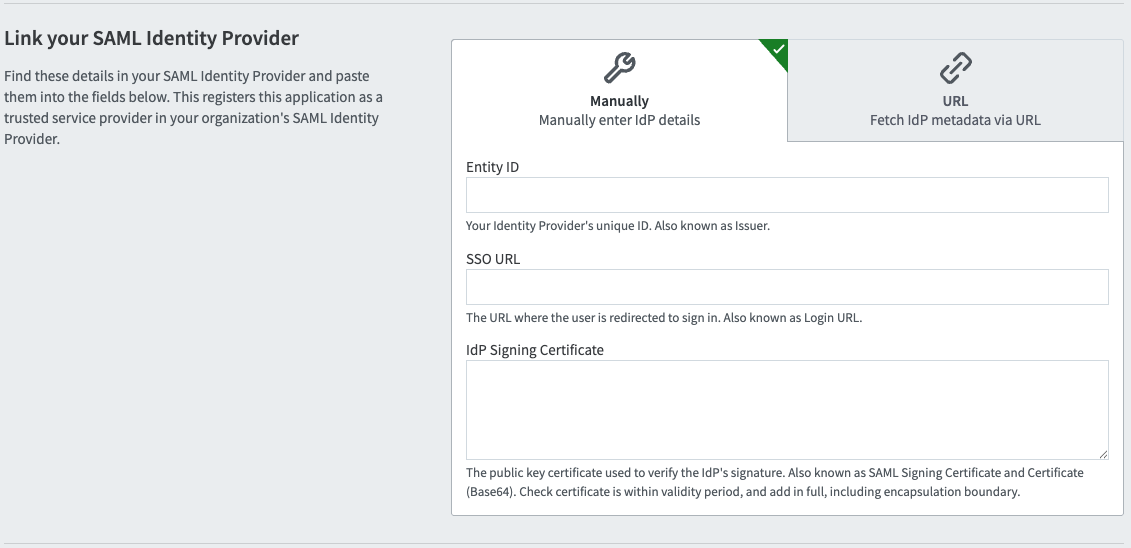 Screenshot of the Link your SAML Identity Provider section, showing the Manaually and URL tabs.