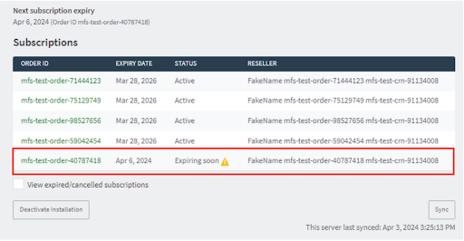 Screenshot of the Subscriptions table showing the "Expiring soon" notification for one subscription