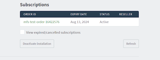 Screenshot of the Subscriptions area of the Registration page, showing the Deactivate installation button.