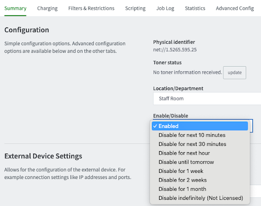 Screenshot of Device Summary tab showing all of the options in the Enable/Disable dropdown list with the Enabled option highlighted