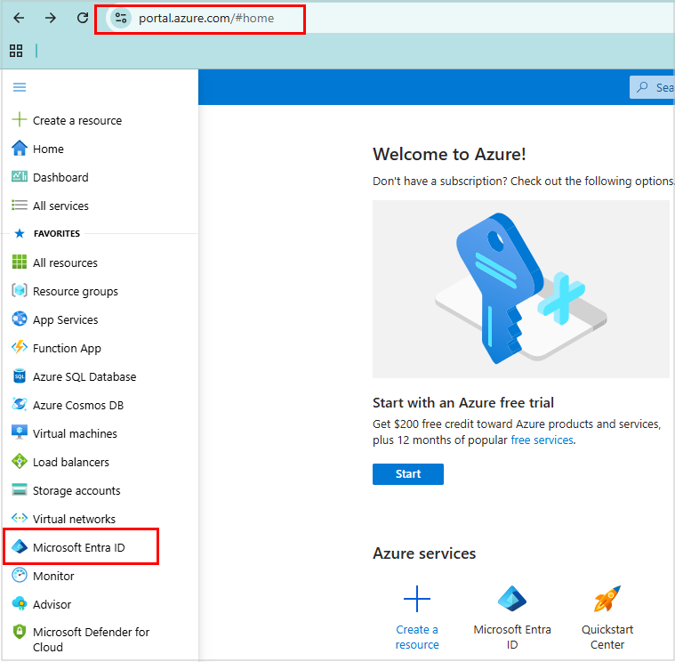 Welcome to Azure page Screenshot of the Welcome to Azure page showing the left menu with Microsoft Entra ID highlighted