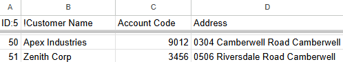 Screenshot of example CSV file for data source lookup, with the columns ID, !Customer Name, Account Code, Address