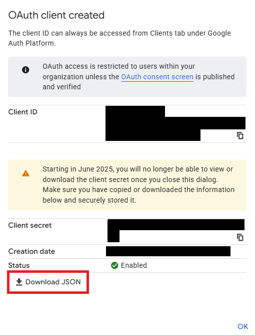 OAuth client created popup