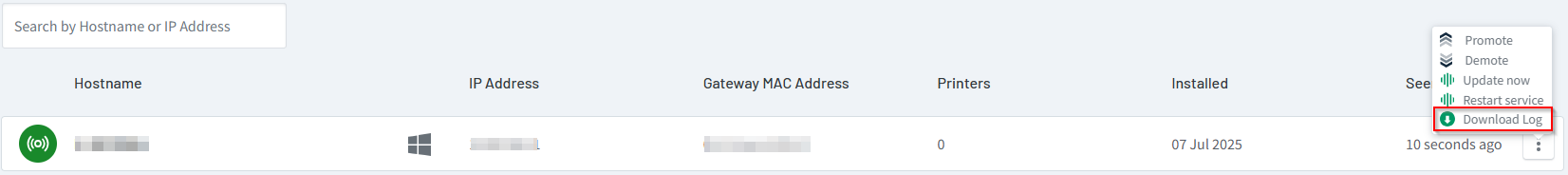Edge node options - Download Log highlighted