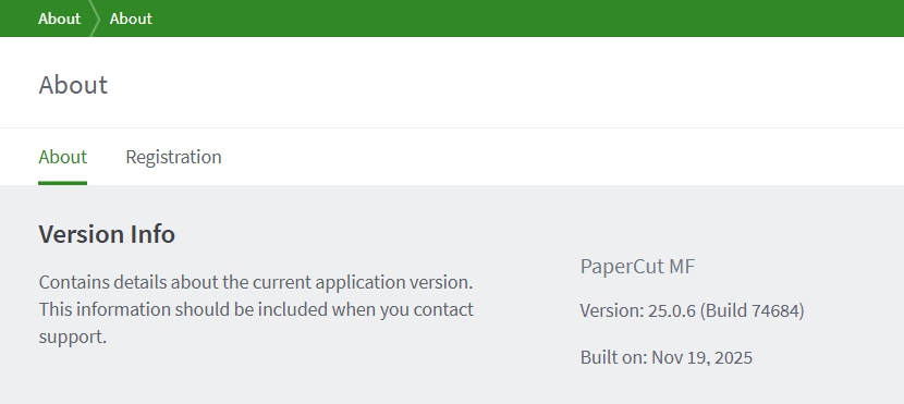 PaperCut MF Version Info screenshot displaying product, version number/build, and built on date.