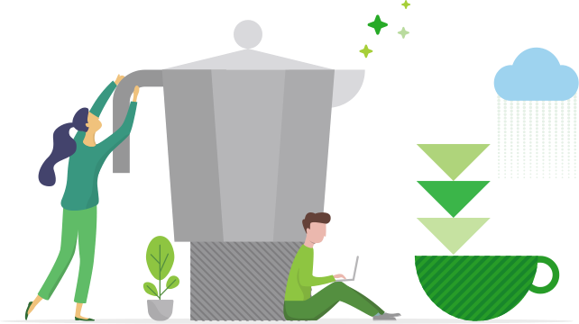 Animation of two people interacting with a giant coffee percolator