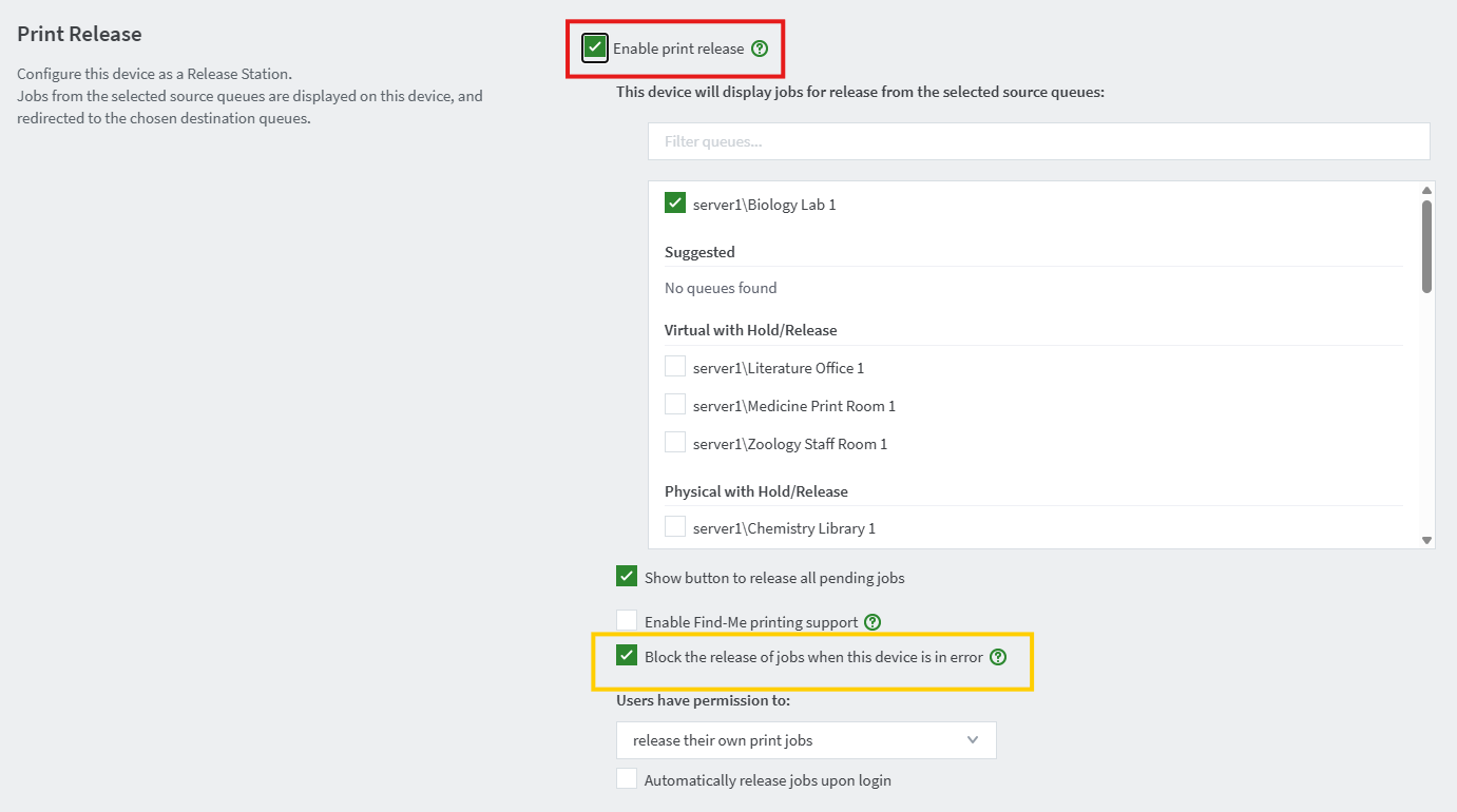 Print Release options under De