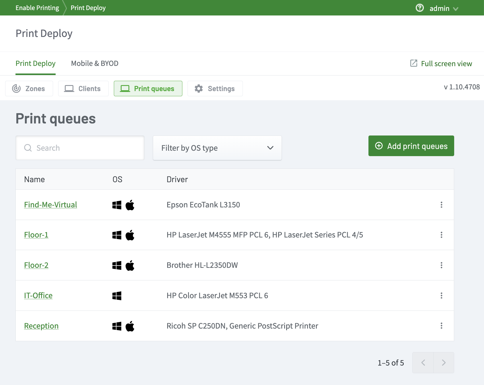The print queues tab in Print Deploy version 1.10.4708, showing the "Add print queues" button, along with various printers which have been imported.