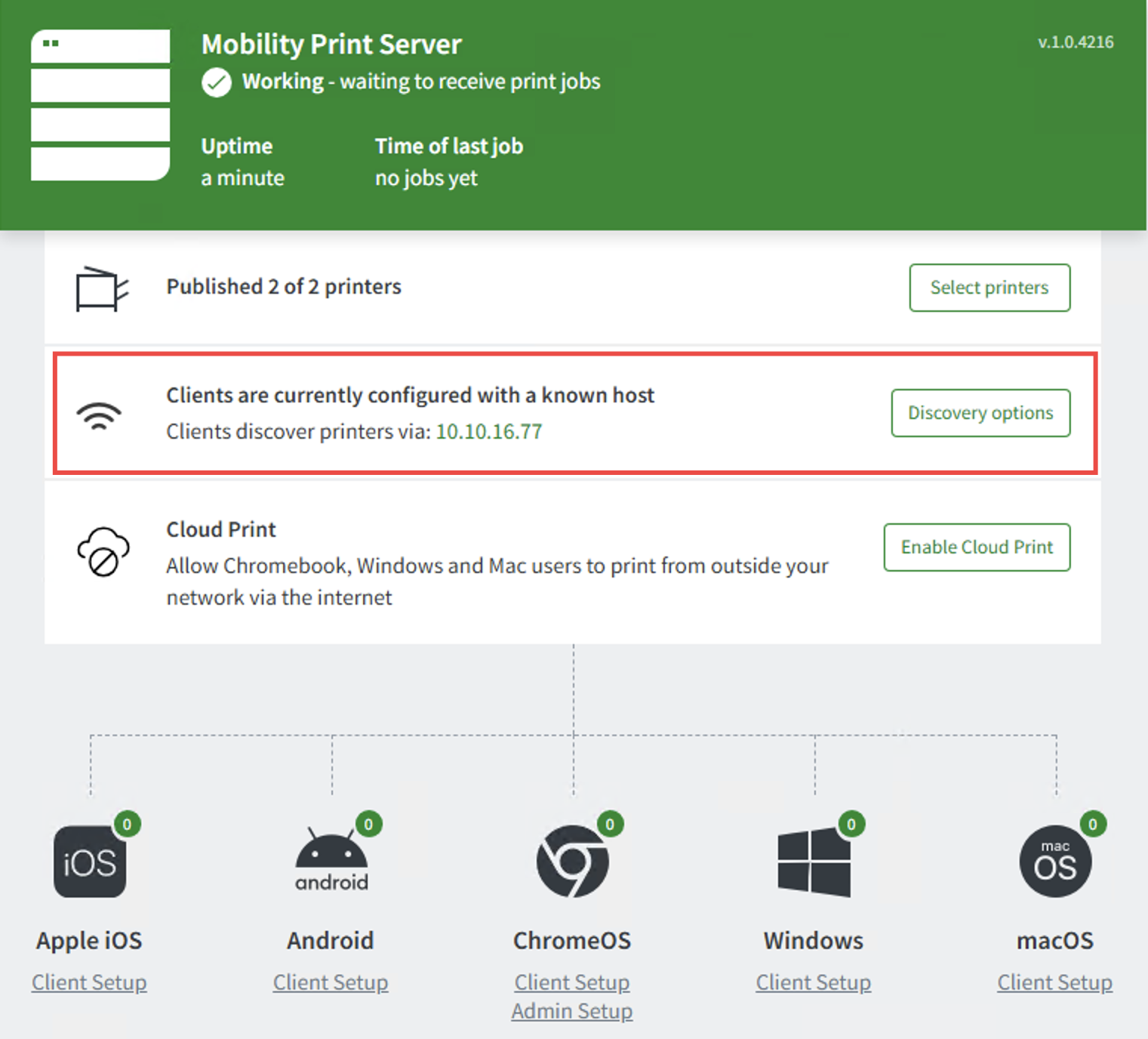Screenshot of the Mobility Print administrator page showing the 