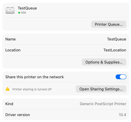 Screenshot of the macOS printer details, including TestQueue name and test location.