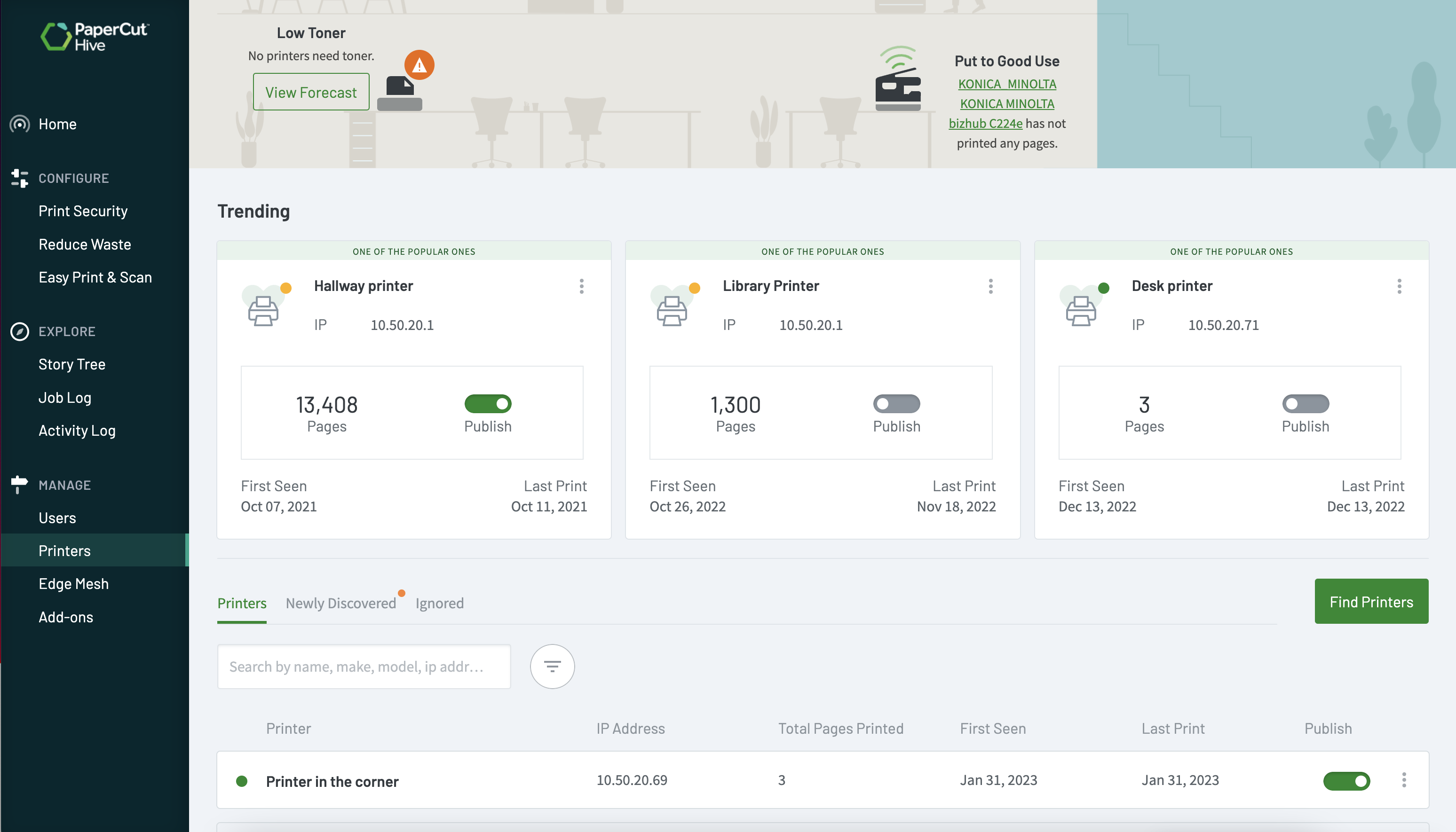 Screenshot of the printers tab in PaperCut Hive and Pocket, allowing full control over which printers are seen by your users.