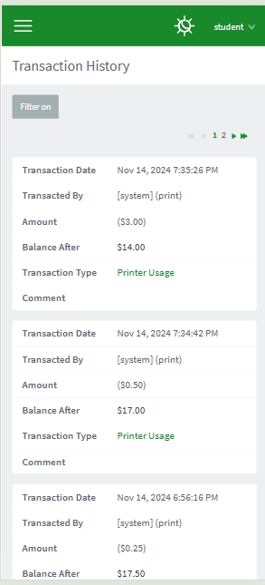 Full User web interface for Mobile - User transaction history