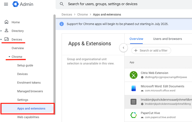 screenshot of Google Admin highlighting the apps and extensions page