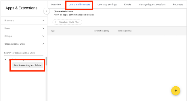 screenshot of Google Admin, highlight selecting an organization unit