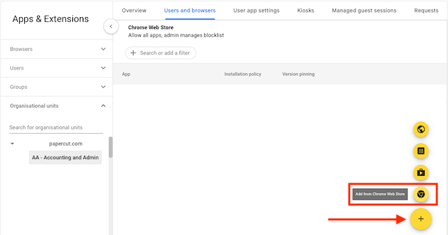 screenshot of the Google Admin console, highlighting how to add an extension
