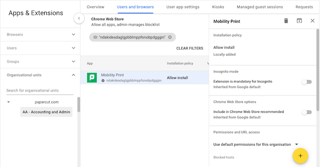 screenshot of the mobility print chrome extension settings