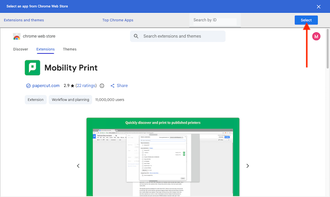 screenshot of adding the mobility print chrome extension