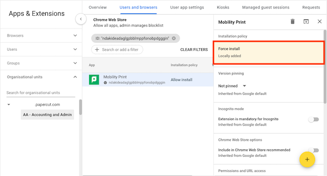 screenshot of mobility print chrome extension install policy