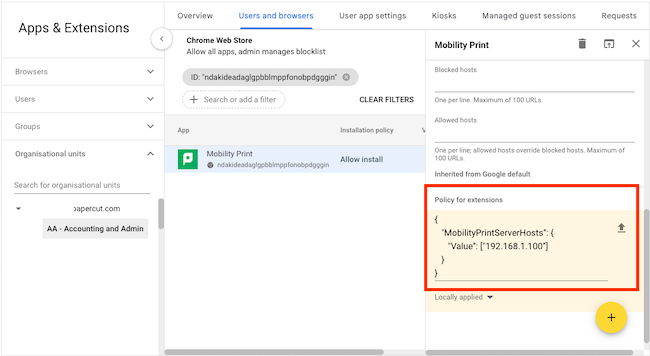 screenshot of the Mobility Print Chrome Extension JSON policy