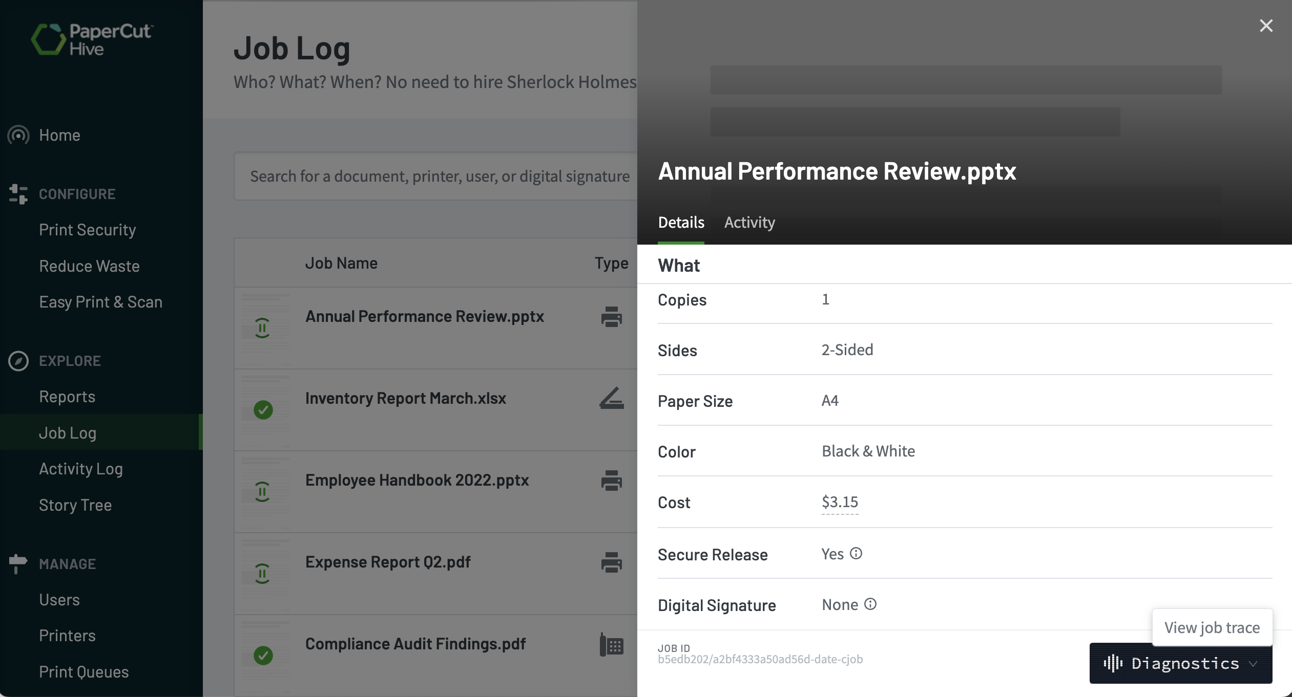 Screenshot of job detail diagnostics view job trace button