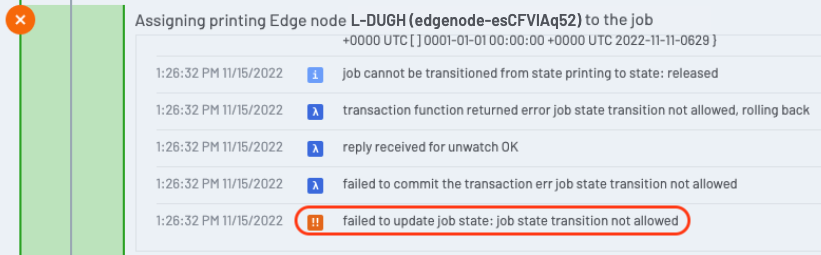 Screenshot of failed to update job state informational message