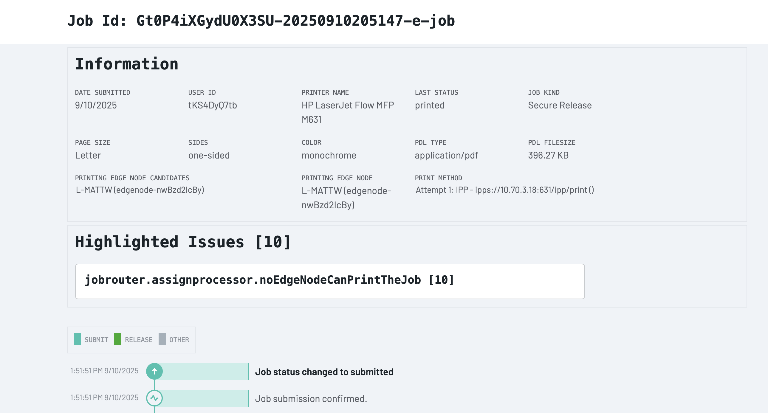 Screenshot of job header and information