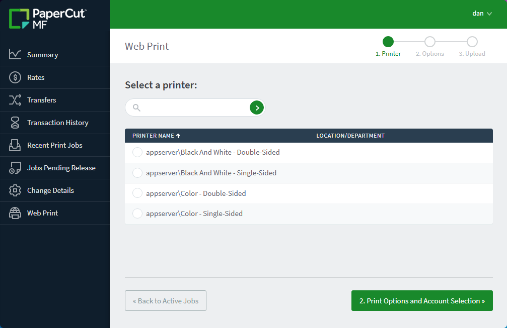 A screenshot of the PaperCut MF Web Print interface showing a list of four printer options categorized by color and duplex settings,