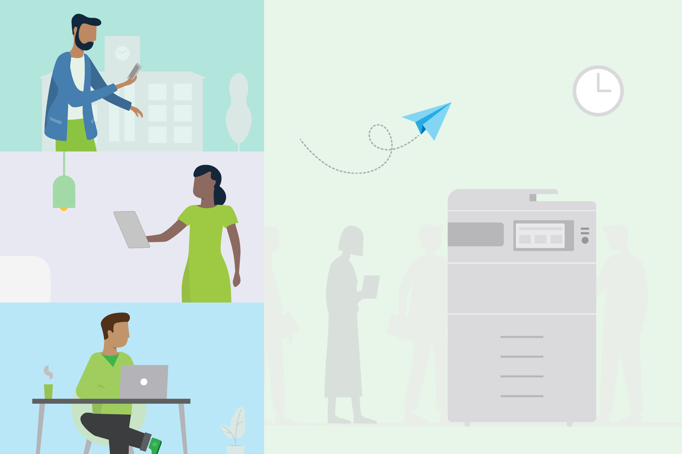 An illustration showing users printing from any device and from anywhere with PaperCut Hive's cloud printing function