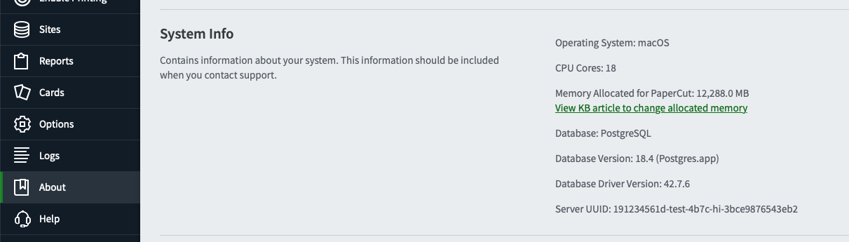 Screenshot showing the 'System info' section from the PaperCut NG/MF admin interface. The database type is listed, as well as the database version, and database driver version.
