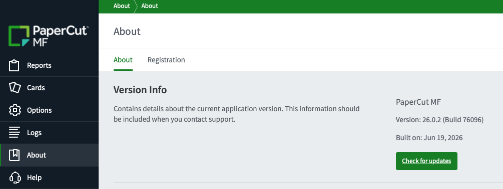PaperCut MF version info screenshot, from the About tab in the admin interface. Shows the version number and build.