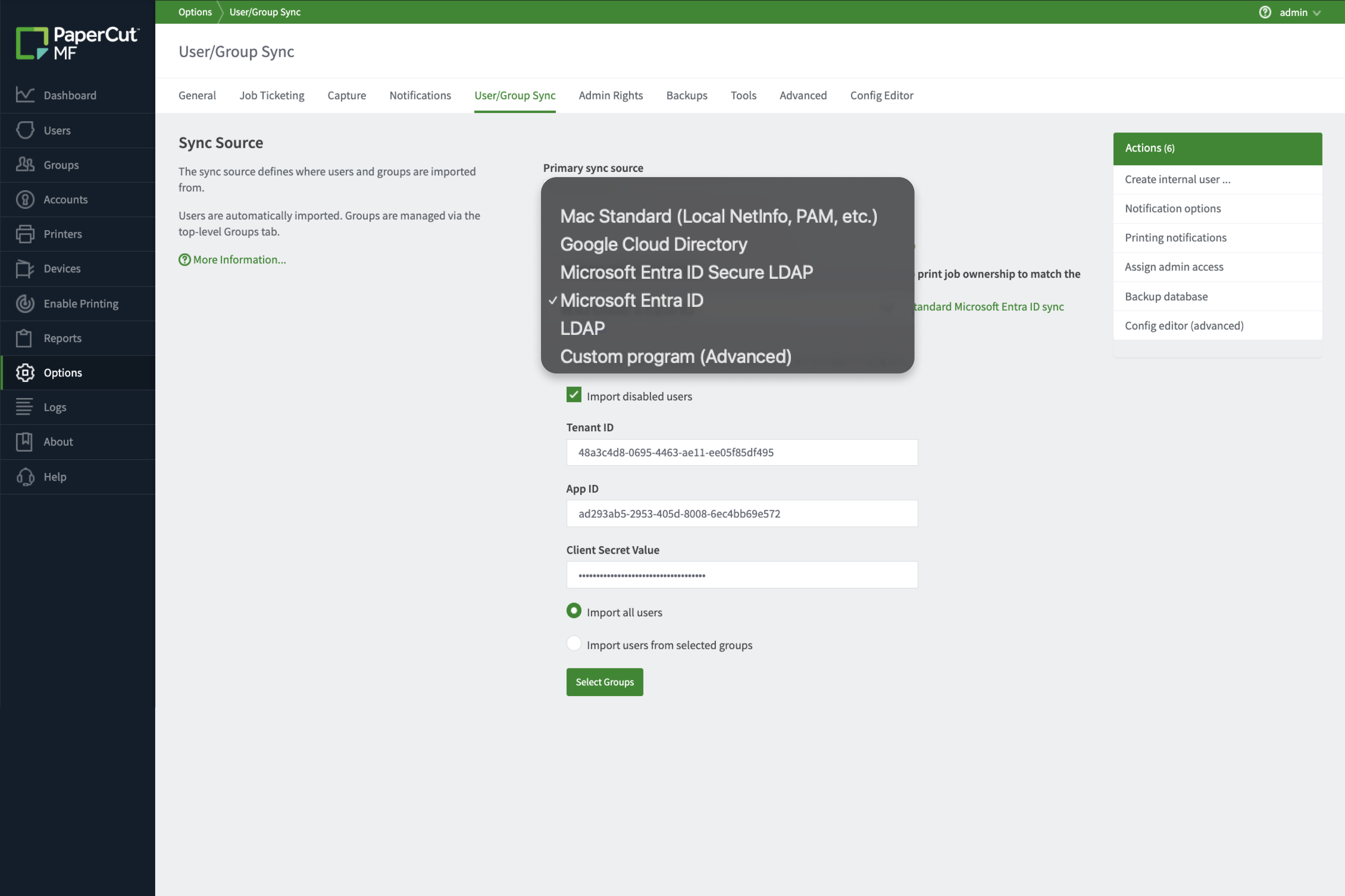 An image showing the "User/Group Sync" configuration page in PaperCut MF, highlighting the "Sync Source" dropdown menu.