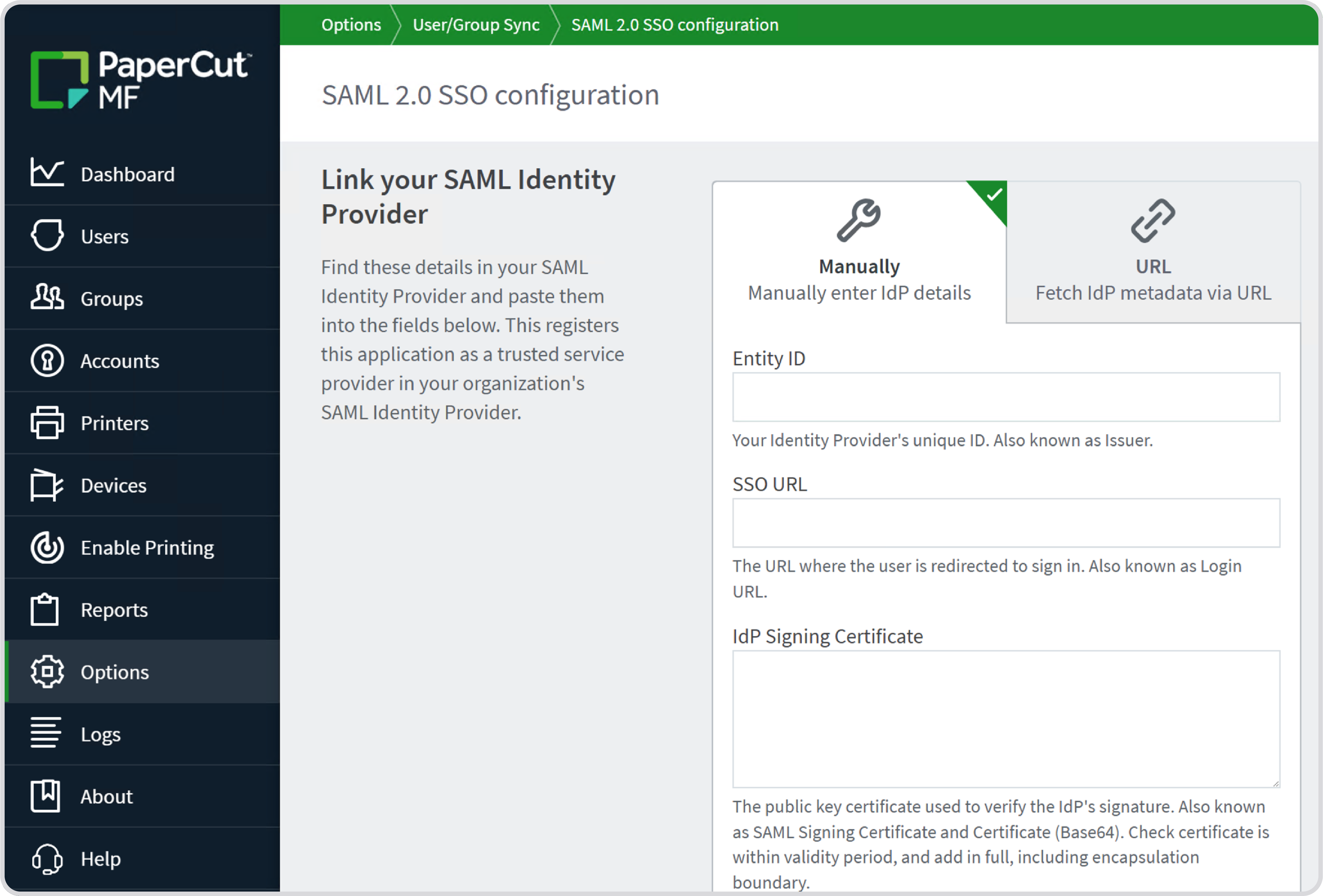 PaperCut MF admin console showing part of the SAML2 configuration