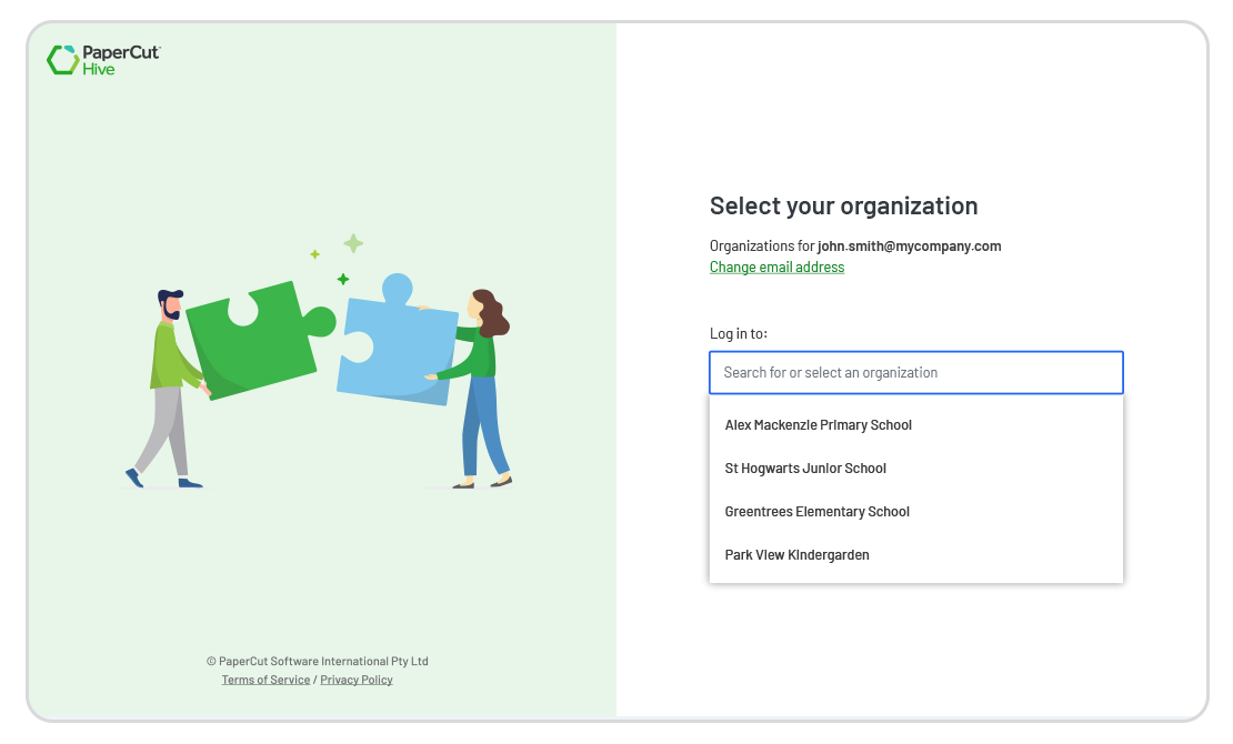 PaperCut Hive login with organization selection