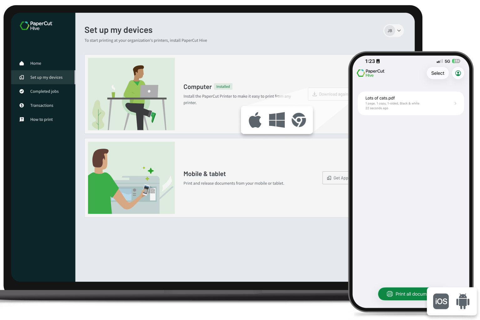 PaperCut Hive User Portal showing self-service device setup options for different operating systems.