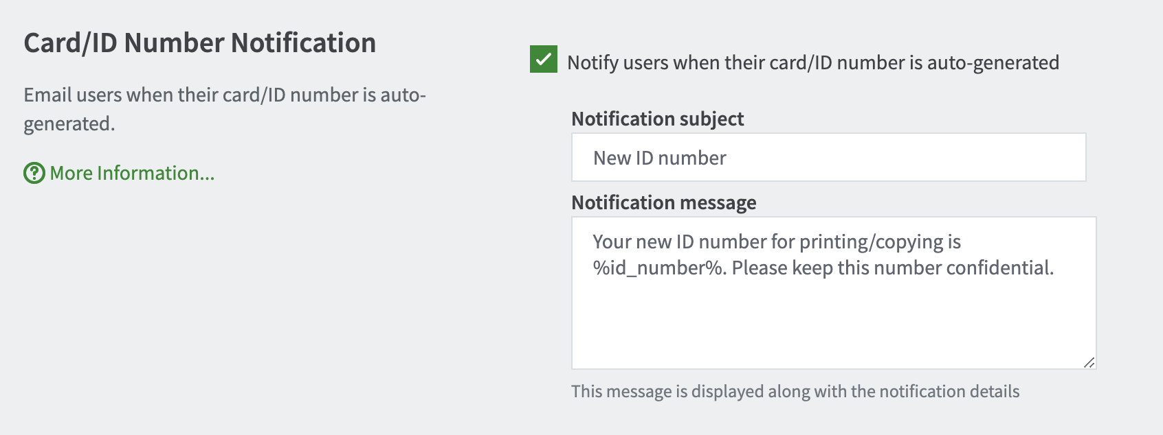 The Card/ID Number Notification section in the PaperCut NG or MF admin interface