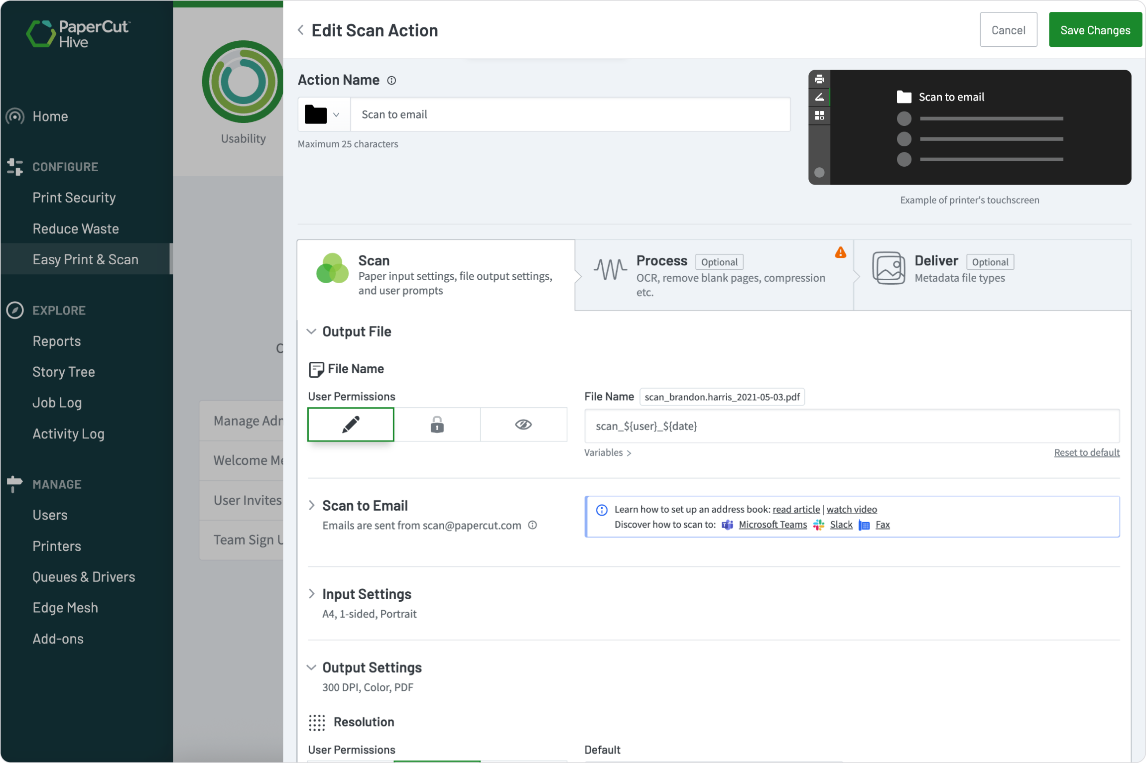 An image from PaperCut Hive showing how an administrator can define all Quick Scan actions and destinations from a single, cloud-based interface.