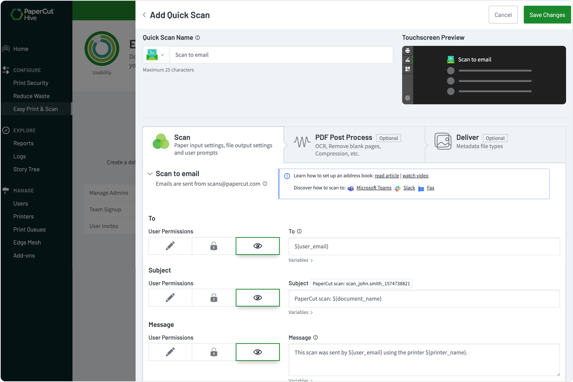 An image from PaperCut Hive showing how an administrator can define all Quick Scan actions and destinations from a single, cloud-based interface.