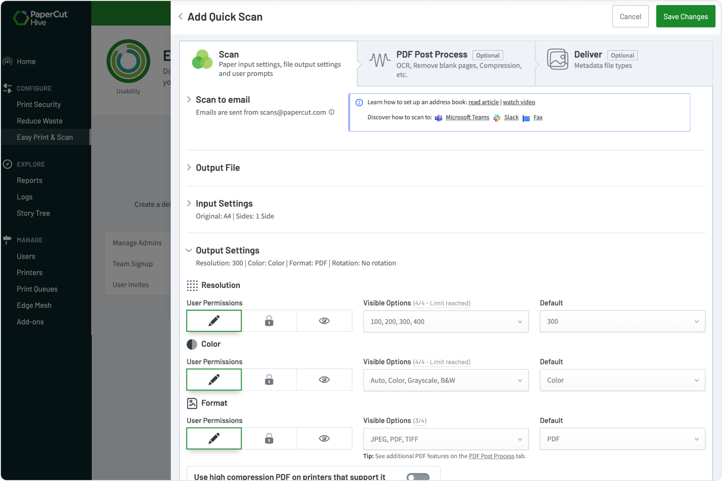 An image from PaperCut Hive showing how its cloud native and no SMTP configuration is required