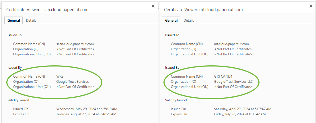 Screenshot showing the certificate information (including Common name) for scan.cloud.papercut.com and mf.cloud.papercut.com