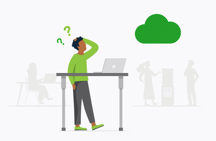 Person standing next to computer looking up at cloud, confused