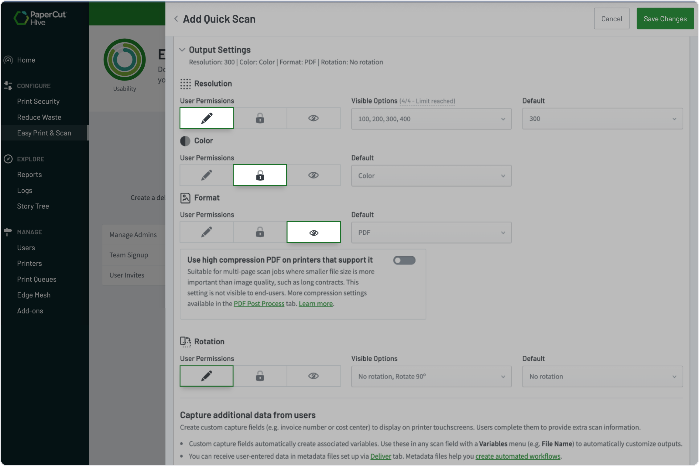 An image from PaperCut Hive showing how an admin can control over what the user can and can’t change at the MFD.