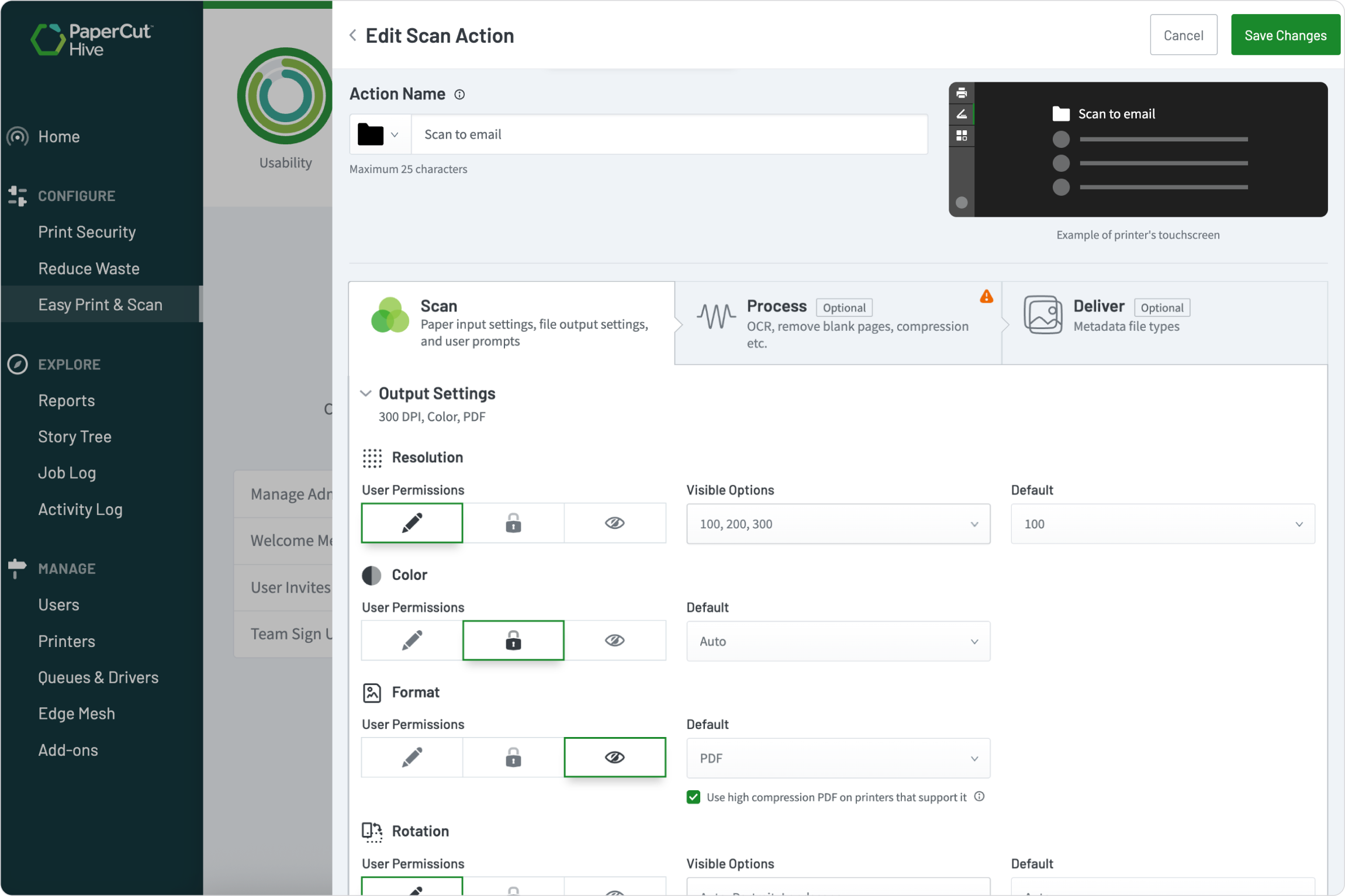 An image from PaperCut Hive showing how an admin can control over what the user can and can’t change at the MFD.