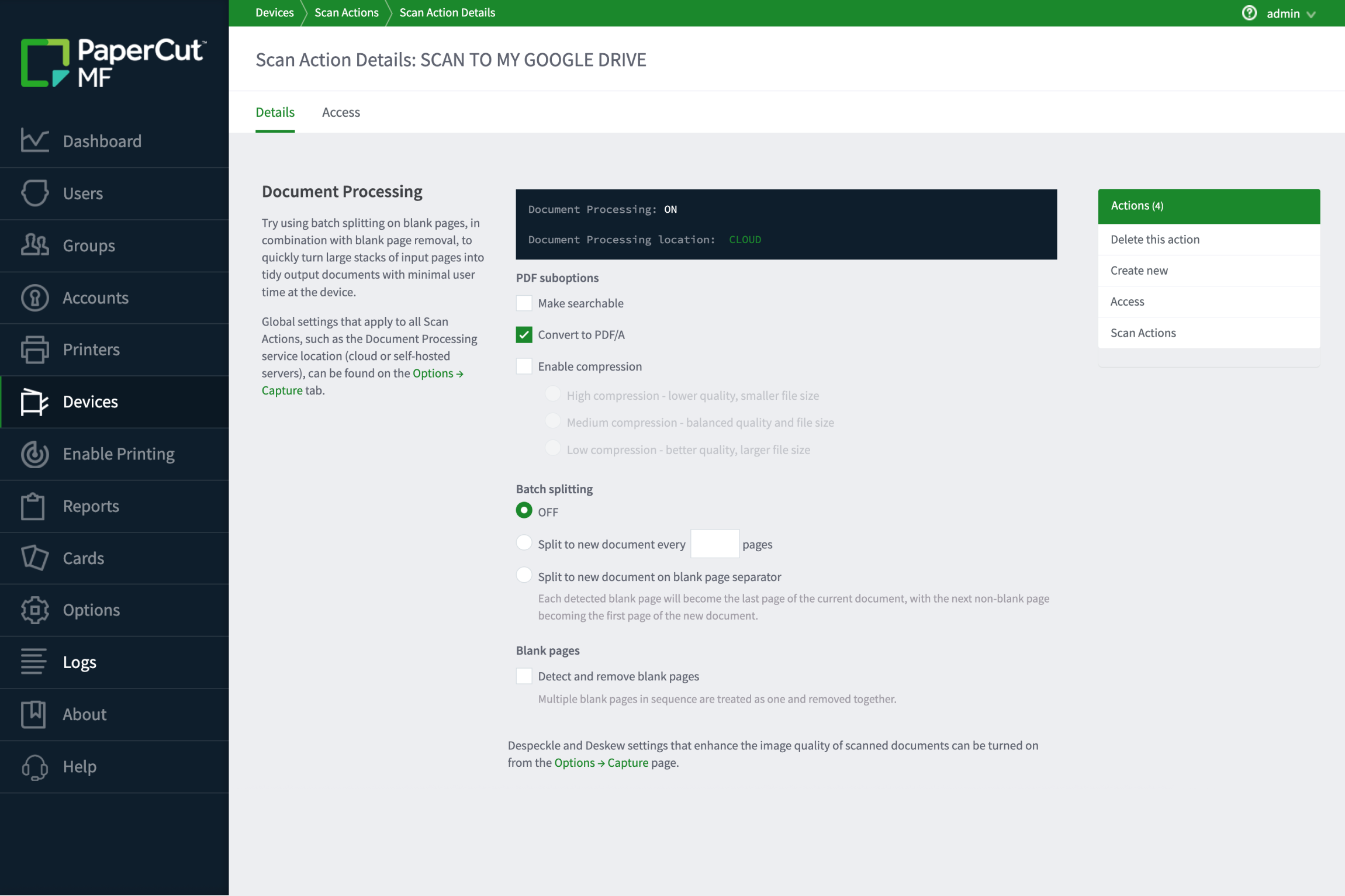 Easily manage compression and OCR configurations for your entire fleet from a single admin interface within PaperCut MF