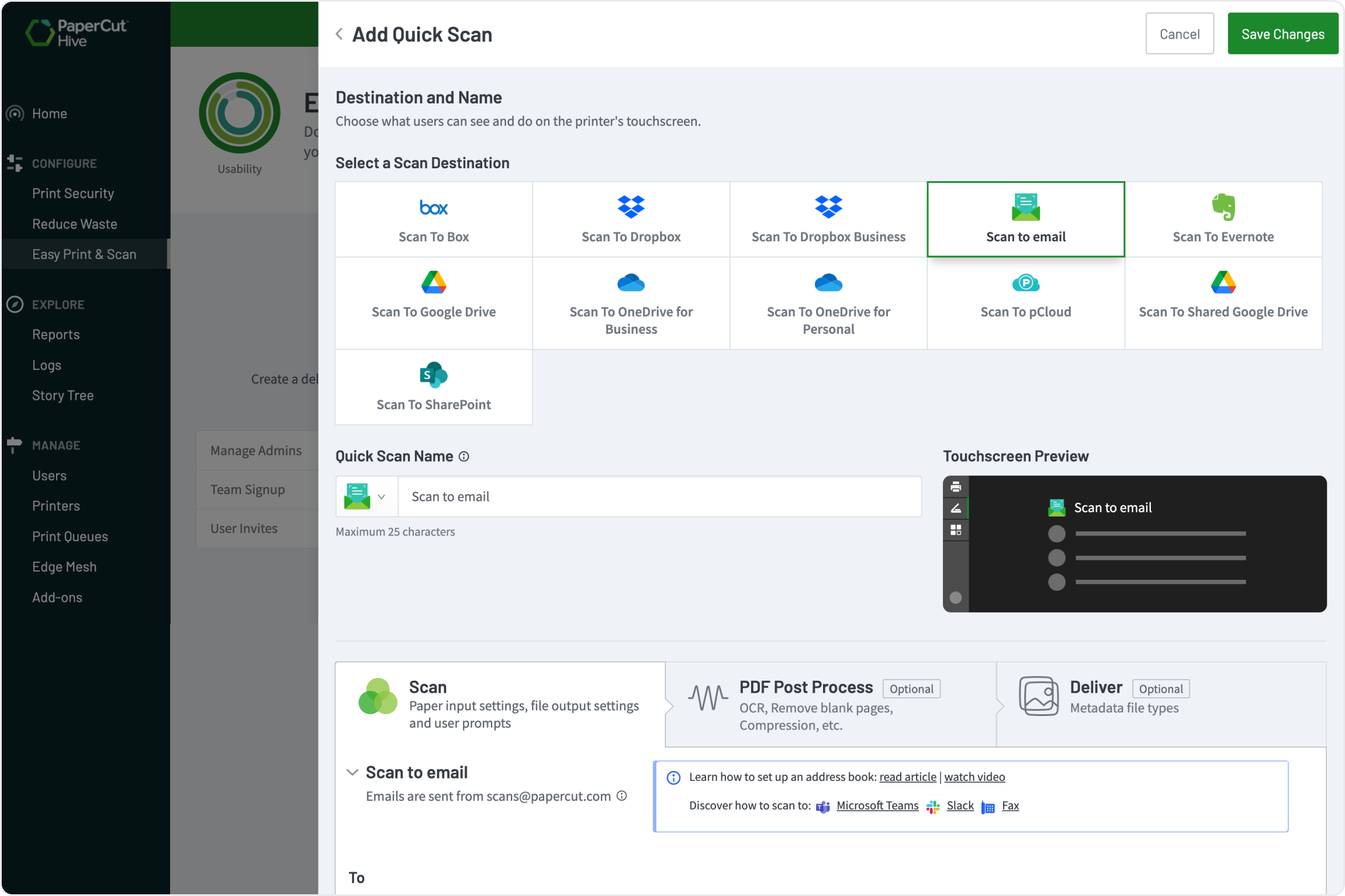 A PaperCut Hive image showing how you can scan direct to major cloud platforms’ shared folders and create workflows to scan to collaboration spaces.