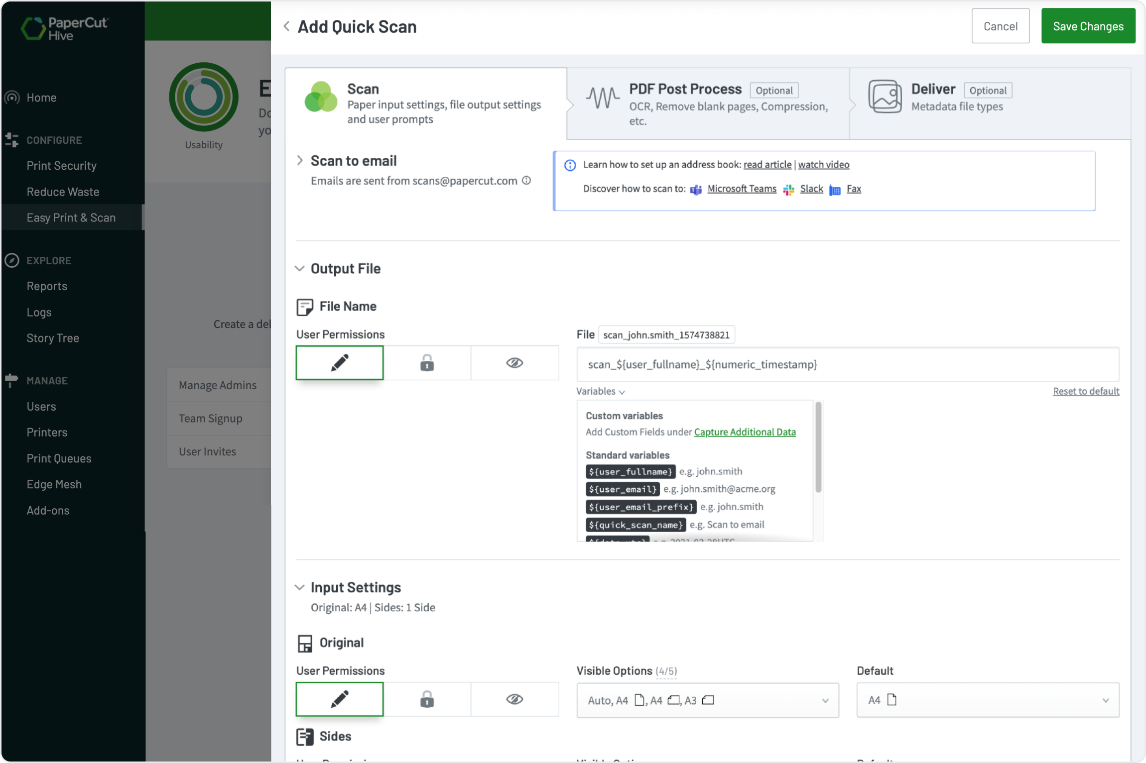 An image from PaperCut Hive showing how administrators control mandatory settings like resolution and color mode, and can enforce a consistent file naming standard. 
