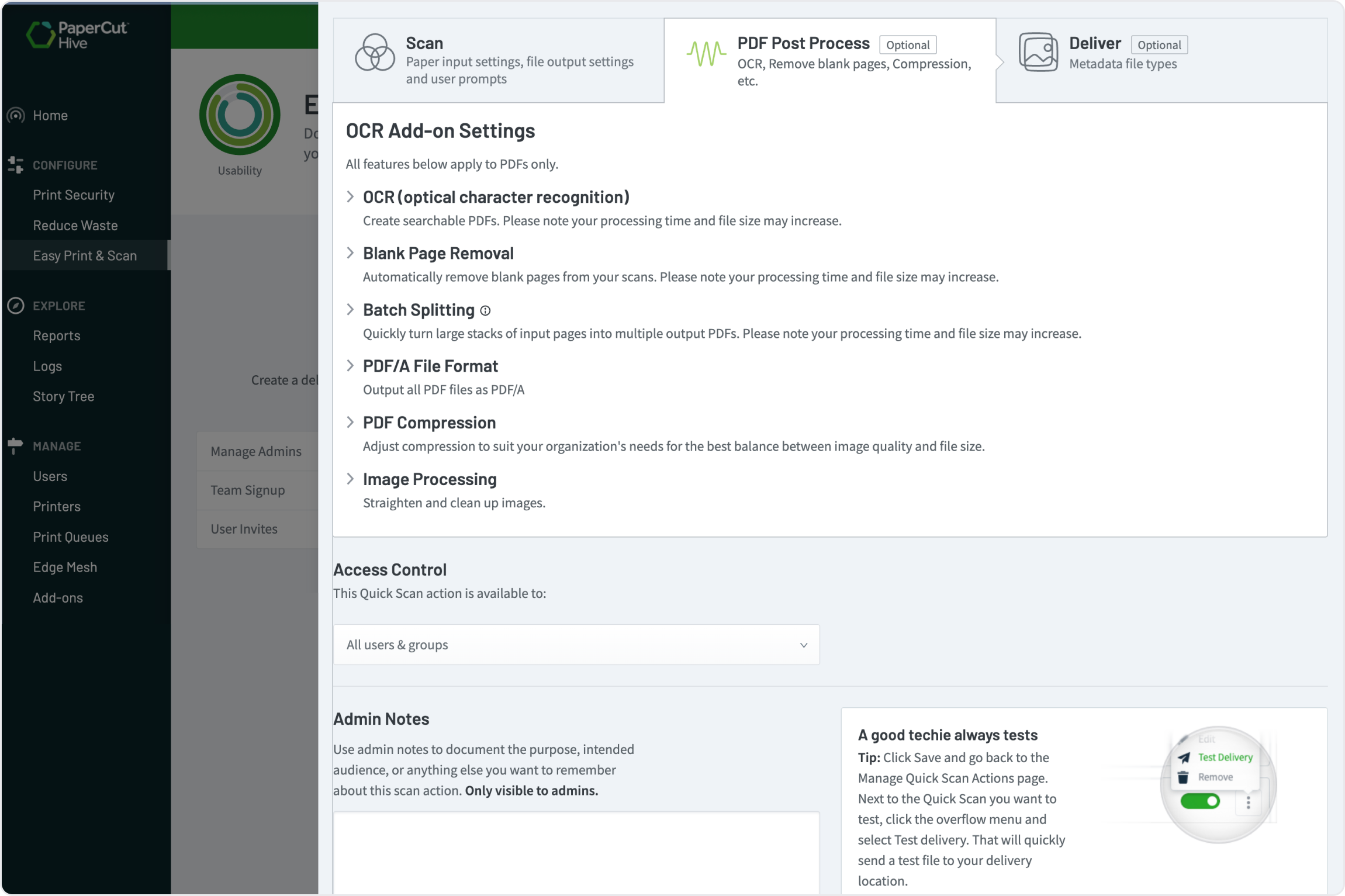 An image from PaperCut Hive showing how the Optional Character Recognition (OCR) add-on allows users to create fully searchable PDFs, making scanned documents retrievable alongside electronic files.