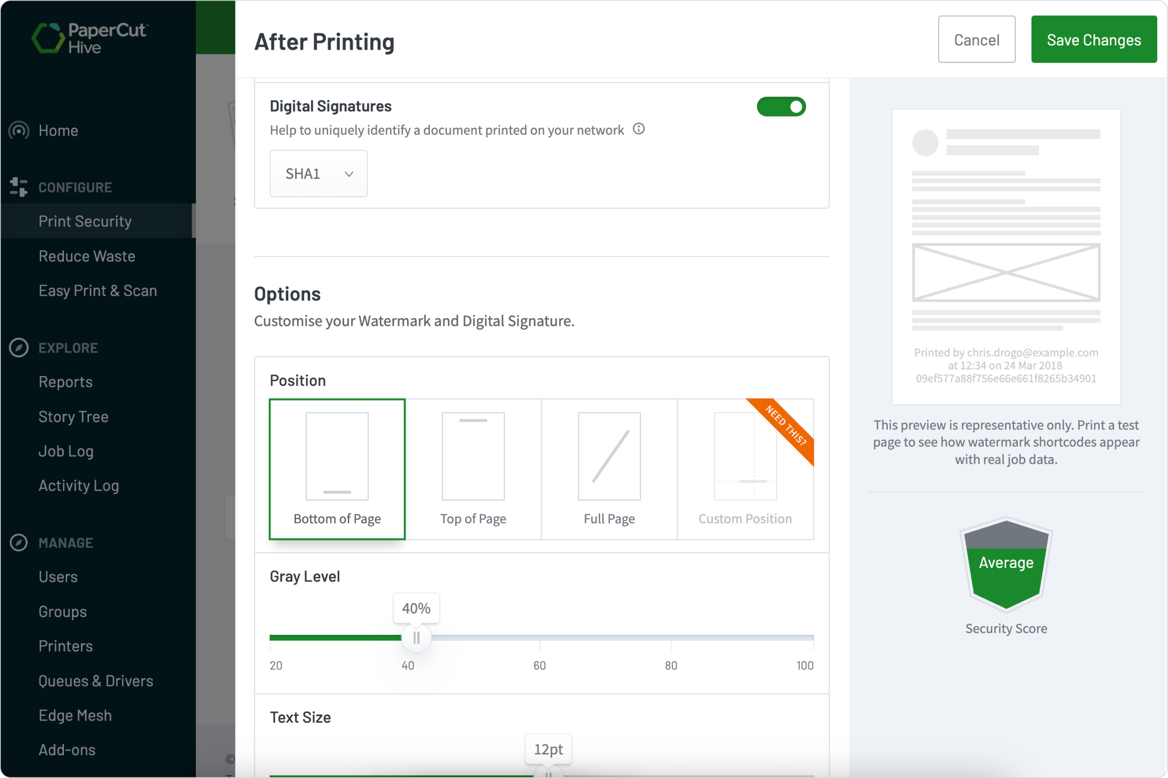 A screenshot from PaperCut Hive showing how a user can select their document security level and configure the level of security right for their organization