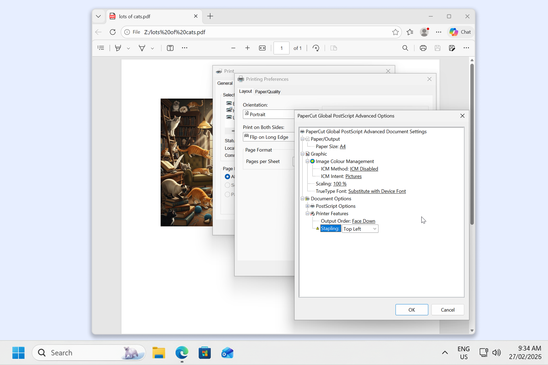 A print dialog box on a computer screen showing the Global Postscript Driver advanced option settings.