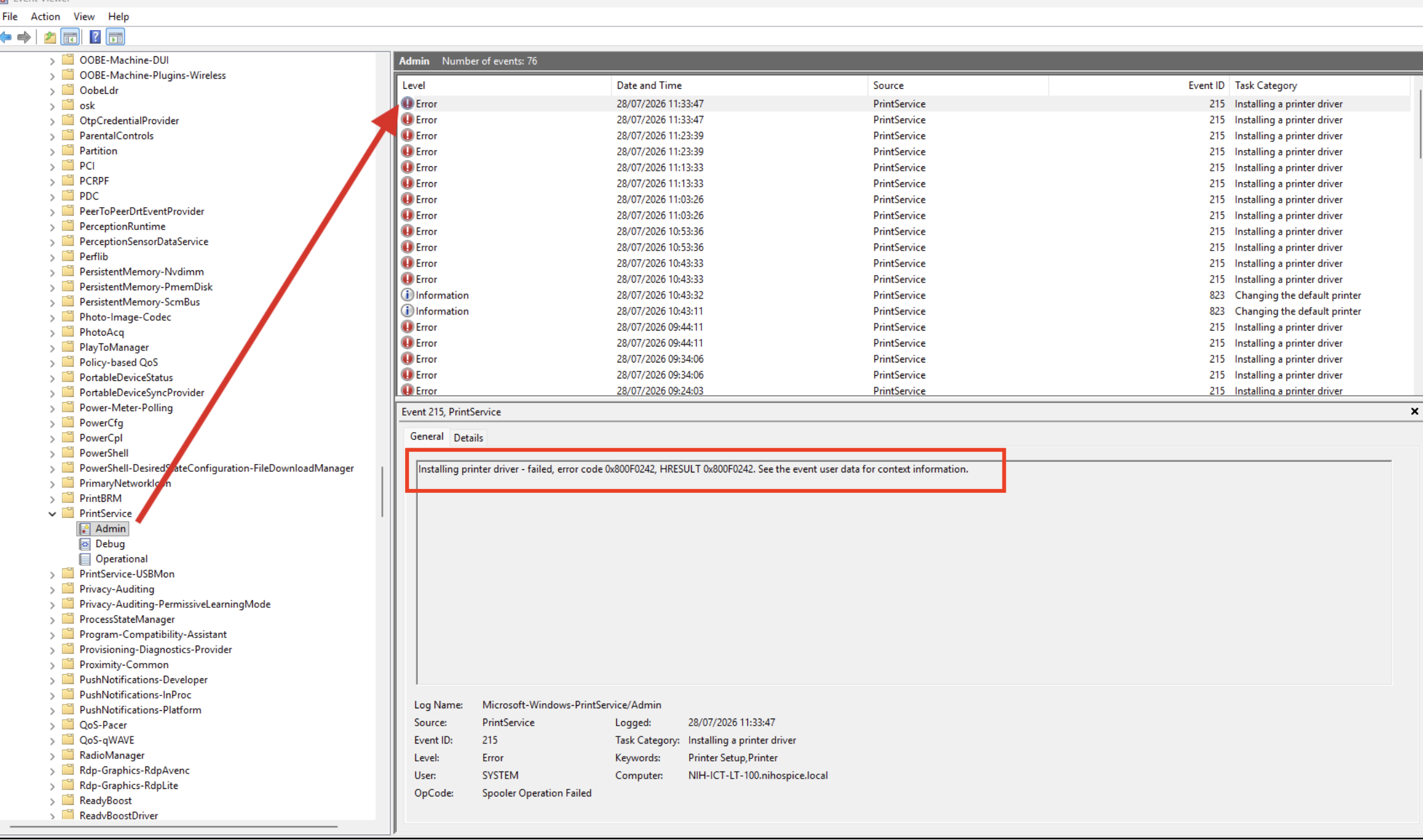 Screenshot of the event viewer