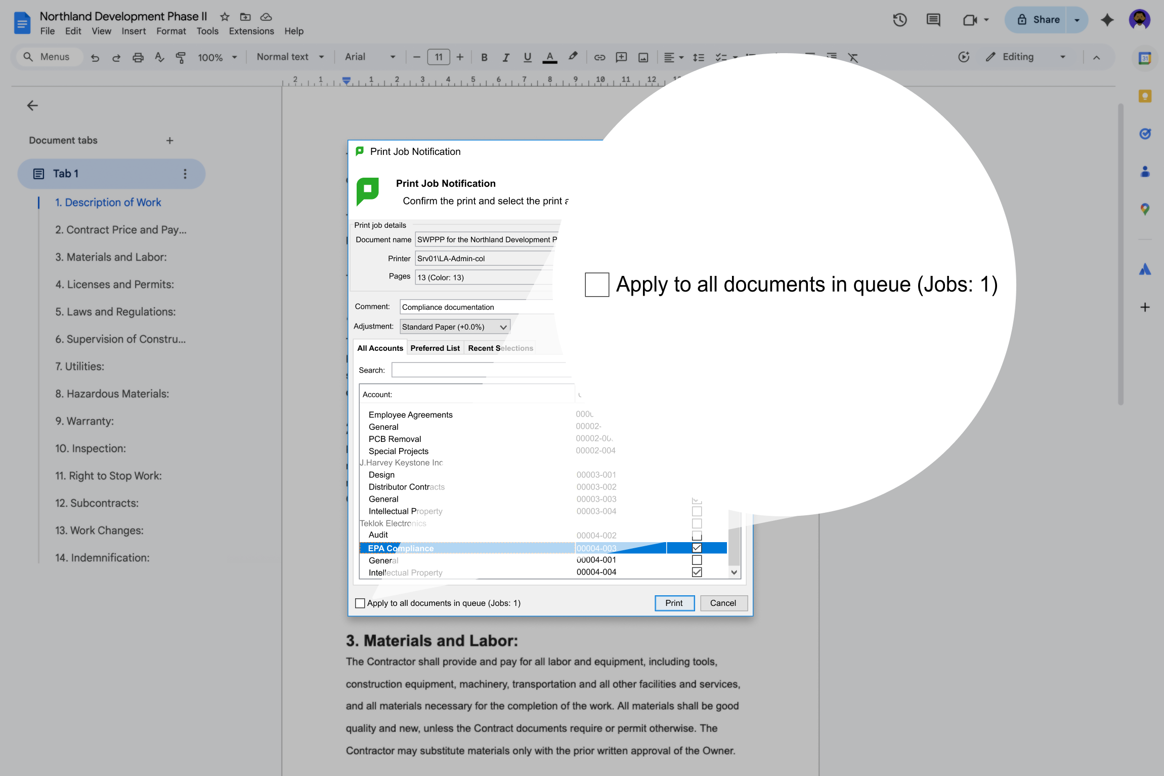 An image illustrating PaperCut MF's ability to globally apply print settings to the entire document queue.